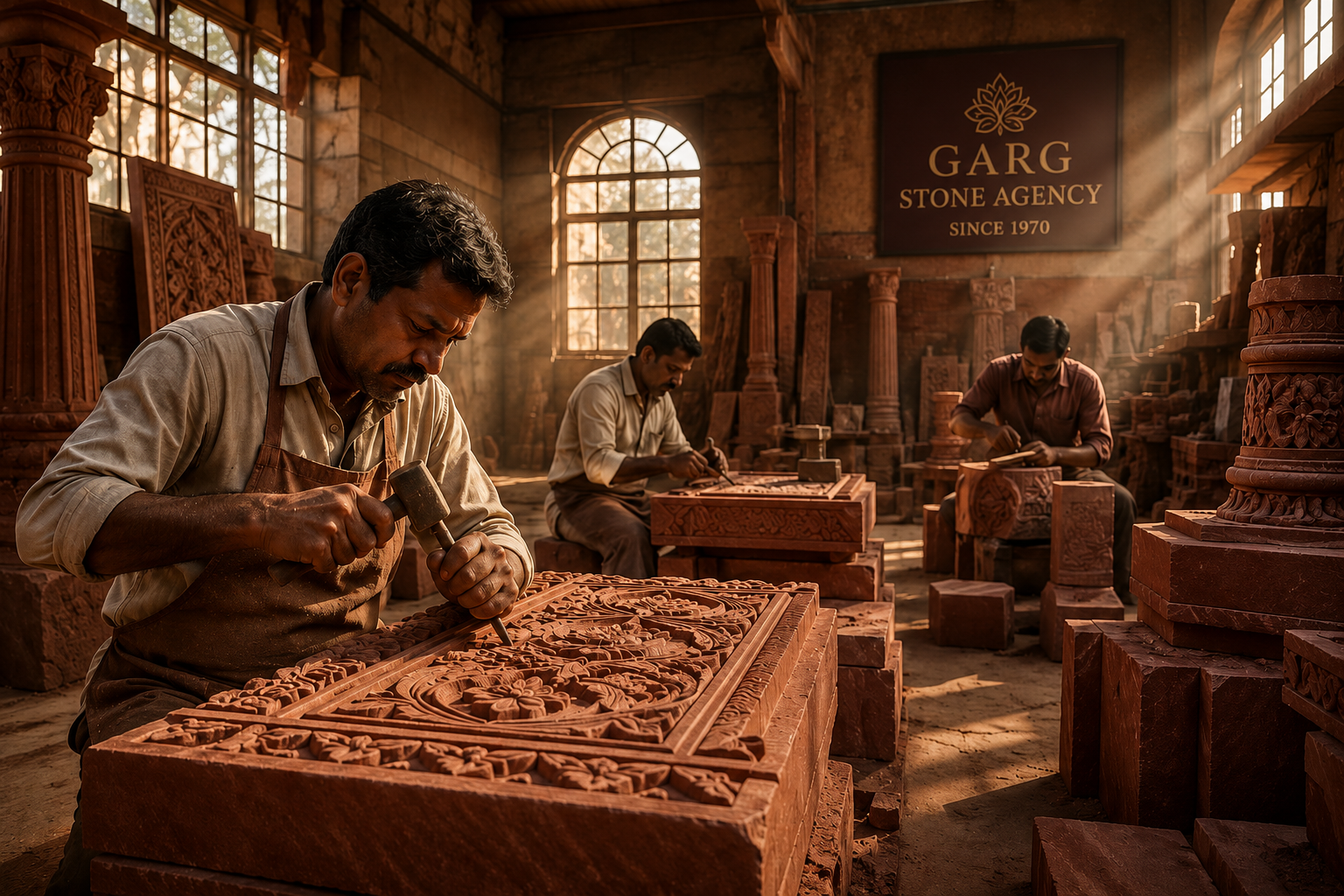 Garg Stone Agency craftsmen carving red sandstone